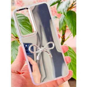 Samsung Galaxy S24 Fe Uyumlu Kılıf Aynalı Gümüş 3D Fiyonk Desenli Darbe Emici Silikon Kapak