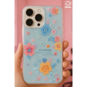 Apple iPhone 13 Pro Max Uyumlu Kılıf Mavi Simli Çiçek Desenli Renkli Parlak Darbe Emici Kapak