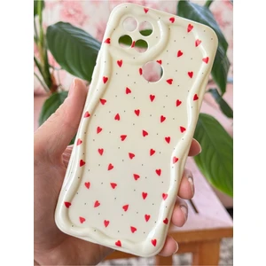Oppo A15 - A15S Kılıf Kamera Korumalı Dalga Kenarlı Kırmızı Kalp Desenli Silikon Kapak