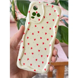 Vivo Y21 - Y21S Kılıf Kamera Korumalı Dalga Kenarlı Kırmızı Kalp Desenli Silikon Kapak
