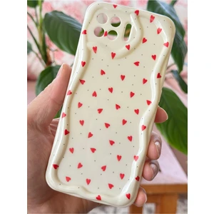 Oppo Reno 4 Lite Kılıf Kamera Korumalı Dalga Kenarlı Kırmızı Kalp Desenli Silikon Kapak