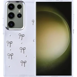 Samsung Galaxy S25 Ultra Uyumlu Kılıf Fiyonk Desenli Şeffaf Simli Gümüş Kamera Çıkıntılı Parlak Kapak