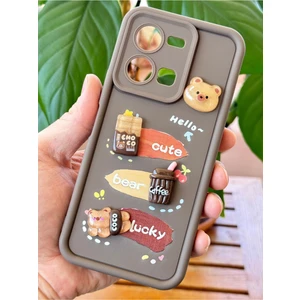 Vivo Y35 Kılıf Tasarımlı Desenli Kamera Korumalı Ayıcık Kahve Renkli Yumuşak Silikon Kap