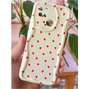 Xiaomi Redmi 10C/POCO C40 Kılıf Kamera Korumalı Dalga Kenarlı Kırmızı Kalp Desenli Silikon Kapak
