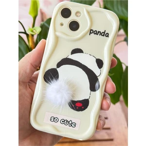 Apple iPhone 15 Uyumlu Kılıf Tasarımlı Desenli Kamera Korumalı Panda Beyaz Püsküllü Silikon Kapak