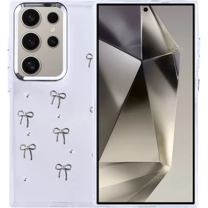 Samsung Galaxy S24 Ultra Uyumlu Kılıf Fiyonk Desenli Şeffaf Simli Gümüş Kamera Çıkıntılı Parlak Kapak