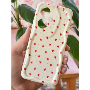 Oppo Reno 11F Kılıf Kamera Korumalı Dalga Kenarlı Kırmızı Kalp Desenli Silikon Kapak