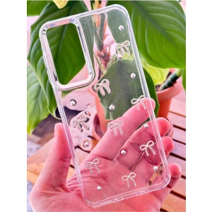Samsung Galaxy A13 Kılıf Fiyonk Desenli Şeffaf Simli Gümüş Kamera Çıkıntılı Parlak Kapak