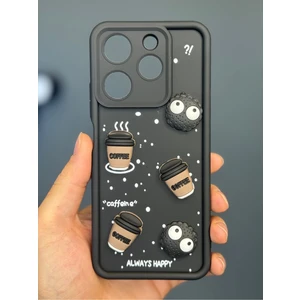 Tecno Spark 10 Pro Kılıf Kamera Korumalı Coffee Kurabiye Figürlü Siyah Yumuşak Silikon Kapak