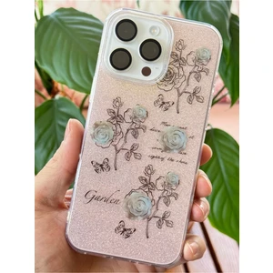 Apple iPhone 15 Pro Uyumlu Kılıf Simli Beyaz Gül Desenli Renkli Parlak Darbe Emici Kapak