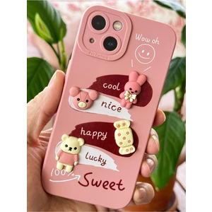 Apple iPhone 15 Uyumlu Kılıf Tasarımlı Desenli Kamera Korumalı Tavşan Pembe Yumuşak Silikon Kapak