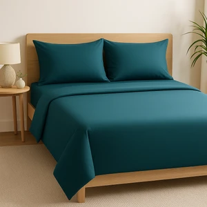 Çift Kişilik  Pamuk Nevresim Takımı 200 x 220  cm  , Lastikli Çarşaflı Set, Petrol Mavisi