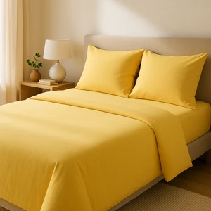 Çift Kişilik  Pamuk Nevresim Takımı 200 x 220  cm  , Lastikli Çarşaflı Set, Pastel Sarı