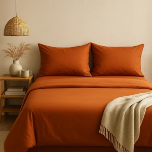 Çift Kişilik  Pamuk Nevresim Takımı 200 x 220  cm  , Lastikli Çarşaflı Set, Kiremit Rengi