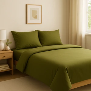 Çift Kişilik  Pamuk Nevresim Takımı 200 x 220  cm  , Lastikli Çarşaflı Set, Zeytin Yeşili