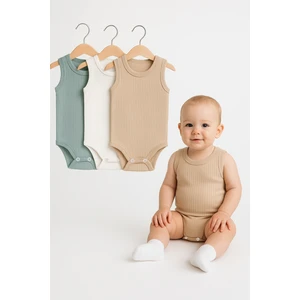 3’lü Fitilli Bej-Beyaz-Yeşil Bebek Zıbın Seti Pamuklu Kolsuz Çıtçıtlı Yazlık Body Unisex Badi Takımı