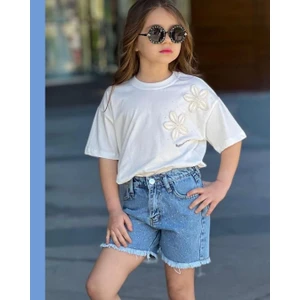 Cg Kids Nakışlı Çiçek ve Taş Kombini Kot Şort Taşlı Kız Çocuk Alt Üst Takım