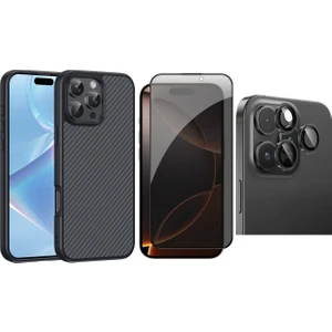iPhone 16 Pro Kılıf M-safe Şarj Özellikli Karbon Fiber Tasarımlı Zore Elnino Kapak + Sapphire Kamera Lens + Hayalet Ekran Koruyucu