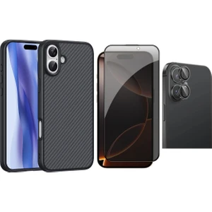 iPhone 16 Plus Kılıf M-safe Şarj Özellikli Karbon Fiber Tasarımlı Zore Elnino Kapak + Sapphire Kamera Lens + Hayalet Ekran Koruyucu