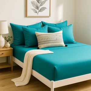 %100 Pamuk Lastikli Çarşaf Çift Kişilik Fitted Çarşaf Takımı 160X200 Cm, 2 Adet Yastık Kılıfı, Turkuaz