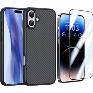 iPhone 16 Kılıf M-safe Şarj Özellikli Karbon Fiber Tasarımlı Zore Elnino Kapak + Cam Ekran Koruyucu