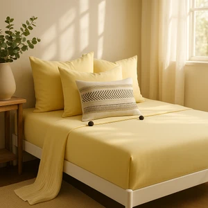 %100 Pamuk Lastikli Çarşaf Çift Kişilik Fitted Çarşaf Takımı 160X200 Cm, 2 Adet Yastık Kılıfı, Sarı