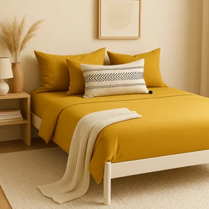 %100 Pamuk Lastikli Çarşaf Çift Kişilik Fitted Çarşaf Takımı 160X200 Cm, 2 Adet Yastık Kılıfı, Hardal