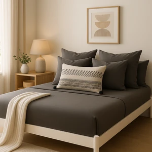 %100 Pamuk Lastikli Çarşaf Çift Kişilik Fitted Çarşaf Takımı 160X200 Cm, 2 Adet Yastık Kılıfı, Antrasit