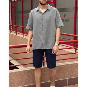 Erkek, apaş yaka, Oversize, %100 pamuk, Müslin dokuma, Kısa kollu gömlek G14