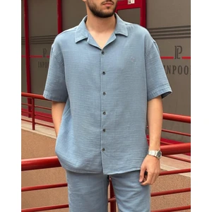 Erkek, apaş yaka, Oversize, %100 pamuk, Müslin dokuma, Kısa kollu gömlek G14