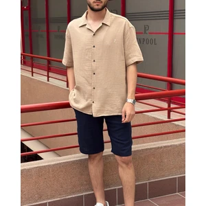 Erkek, Apaş Yaka, Oversize, %100 Pamuk, Müslin Dokuma, Kısa Kollu Gömlek G14