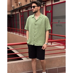 Erkek, Apaş Yaka, Oversize, %100 Pamuk, Müslin Dokuma, Kısa Kollu Gömlek G14
