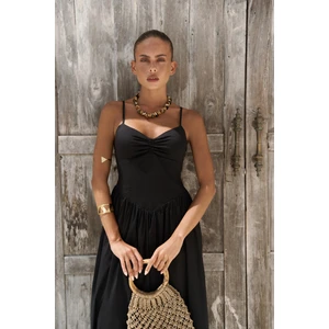 Hajar Askılı Siyah Uzun Elbise