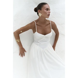 Hajar Askılı Ekru Uzun Elbise