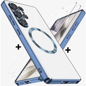 Samsung Galaxy S23 Ultra Kılıf Magsafe Şarj Destekli Renkli Parlak Kenarlı Arkası Şeffaf Silikon + Ekran Koruyucu Cam Set 2in1