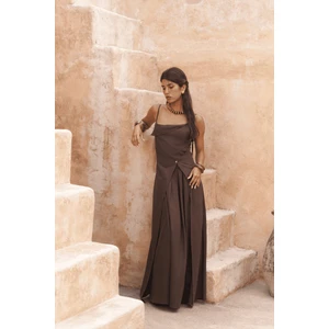 Blantyre Askılı Uzun Kahve Keten Elbise