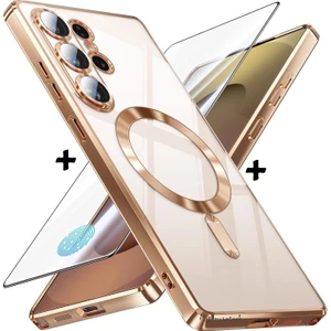 Samsung Galaxy S24 Ultra Kılıf Magsafe Şarj Destekli Renkli Parlak Kenarlı Arkası Şeffaf Silikon + Ekran Koruyucu Cam Set 2in1