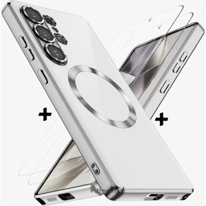 Samsung Galaxy S23 Ultra Kılıf Magsafe Şarj Destekli Renkli Parlak Kenarlı Arkası Şeffaf Silikon + Ekran Koruyucu Cam Set 2in1