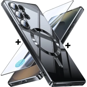 Samsung Galaxy S24 Ultra Kılıf Magsafe Şarj Destekli Renkli Parlak Kenarlı Arkası Şeffaf Silikon + Ekran Koruyucu Cam Set 2in1