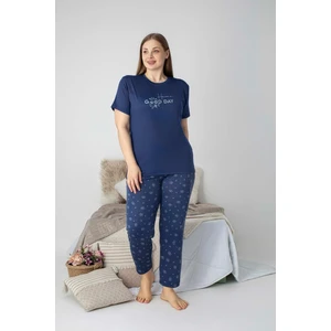 Kadın Bisiklet Yaka Düğmesiz Battal Kesim Viskon Yazlık Kısa Kol Büyük Beden Pijama Takımı