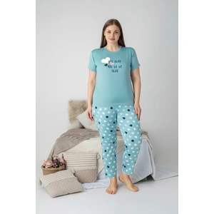 Kadın Bisiklet Yaka Düğmesiz Battal Kesim Viskon Yazlık Kısa Kol Büyük Beden Pijama Takımı