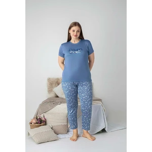 Kadın Bisiklet Yaka Düğmesiz Battal Kesim Viskon Yazlık Kısa Kol Büyük Beden Pijama Takımı