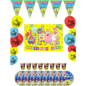 Sünger Bob Patrick Sponge Bob Kare Pantolon Bayraklı ve Afişli 16 Kişilik Doğum Günü Parti Malzemeleri Süsleri Seti