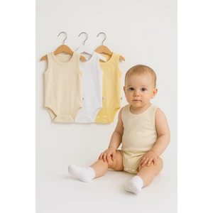 3’lü Bej-Beyaz-Sarı Bebek Zıbın Seti | Pamuklu Kolsuz Çıtçıtlı Yazlık Body | Unisex Bebek Badi