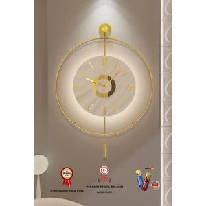 Büyük Boy (50X75 cm ) - Gold Çember Kadran Göbek (Pilli LED ) Metal Dekoratif Duvar Saati
