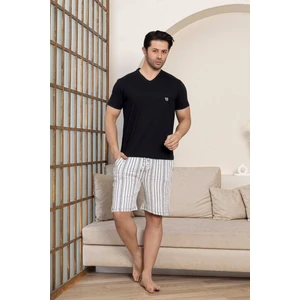 Erkek Siyah Krem Çizgili V Yaka Düğmesiz Kısa Kol Cepli Şortlu Pijama Takımı