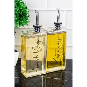 2'li Gümüş Kapaklı Cam Yağdanlık Ayçiçek ve Zeytinyağı Etiketli Sosluk Sirkelik Yağdanlık Seti 500ML