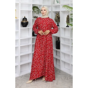 Sefa Merve Viskon Kumaş Desenli Elbise 0055-04 Kırmızı