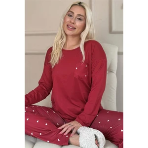 Bordo Kalp Desenli Bambu Uzun Kol Kadın Pijama Takımı