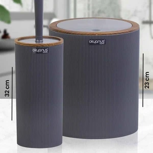 Okyanus Home Ahşap Desenli Çizgili Yuvarlak 2'li Banyo Aksesuar Seti - Antrasit